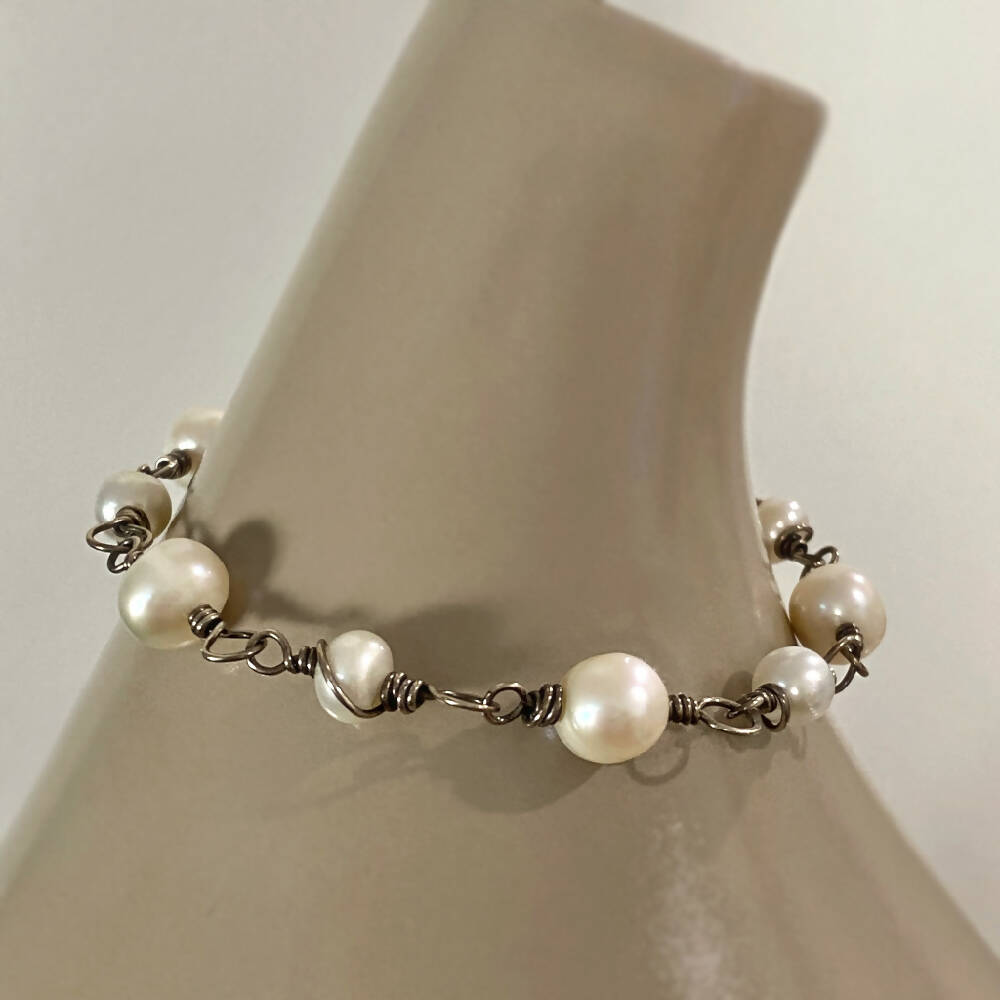 Bracelet Sterling Silver Wire Wrapped Ivory Pearls L