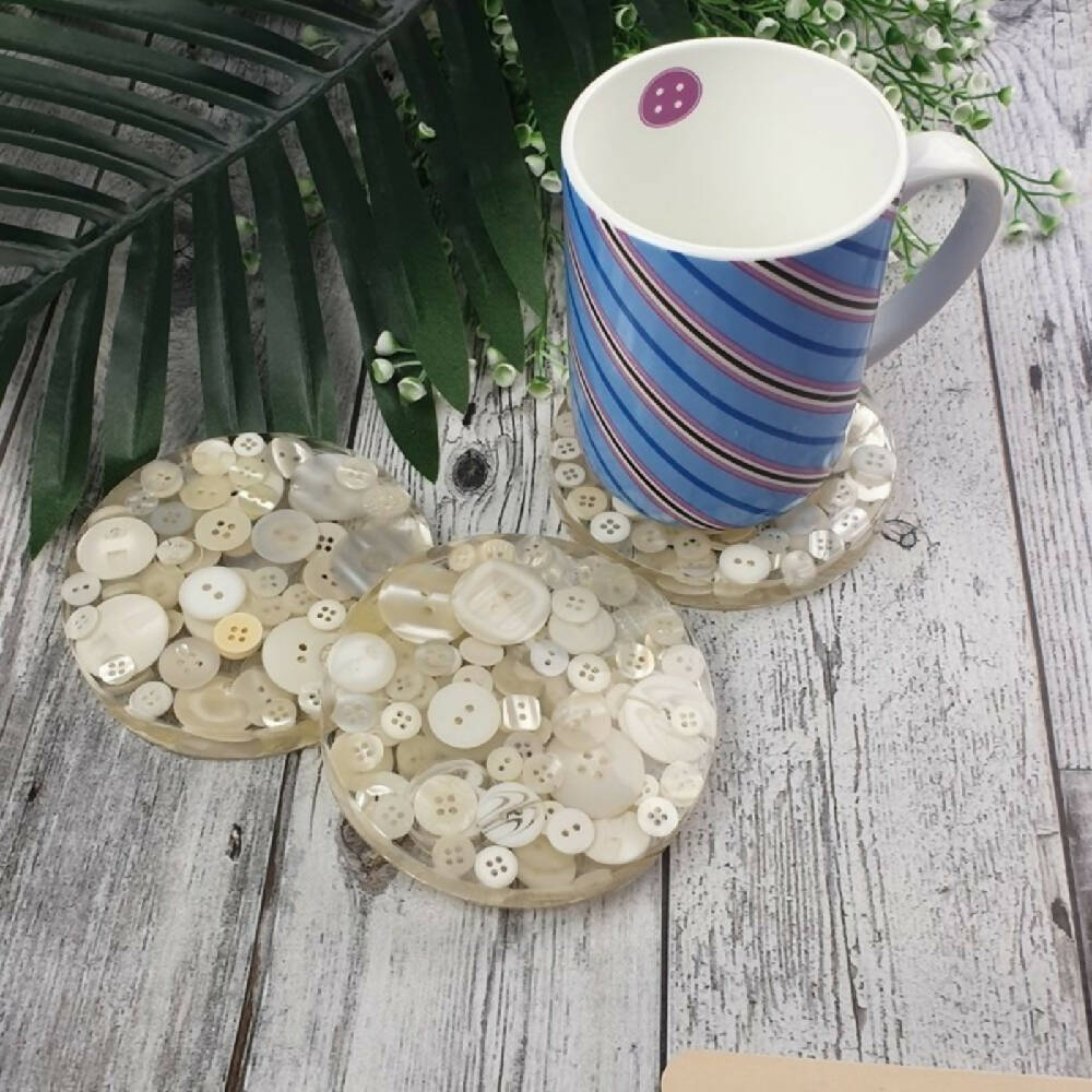Coaster White Buttons Round Flat Resin Handmade Cast (4)