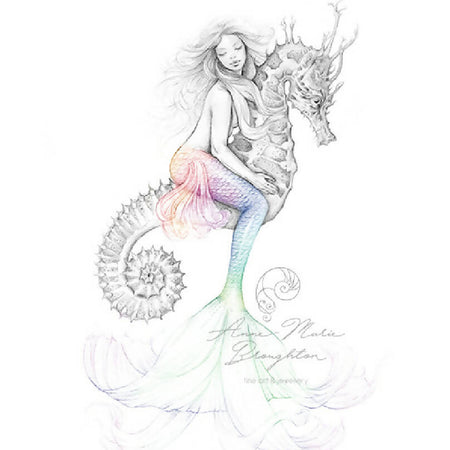 PRINT Mermaid Riding Seahorse Art Unframed Colour Splash Rainbow Tail - 8x10 inch