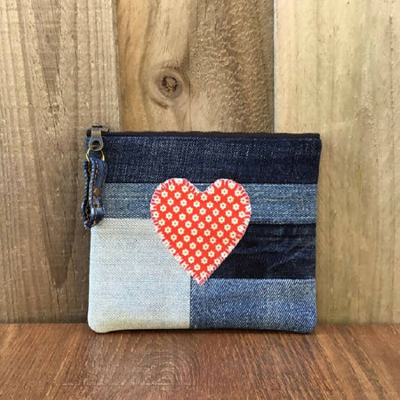 Upcycled Denim Coin Purse - Red Floral Heart