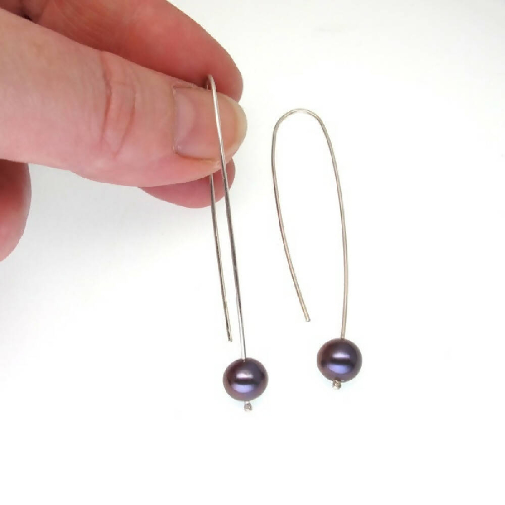 Black fresh water pearls long sterling silver earrings