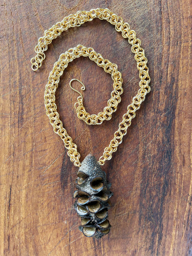 Handmade chain and banksia pod necklace