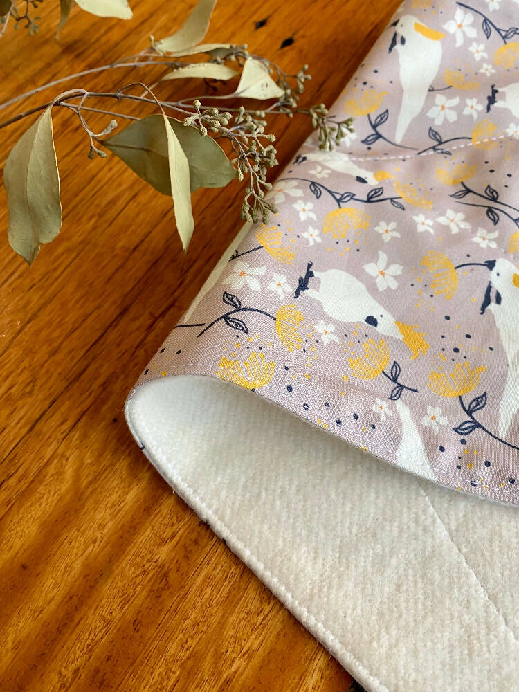 burp cloth - Australian cockatoos grey / organic cotton hemp / eco friendly
