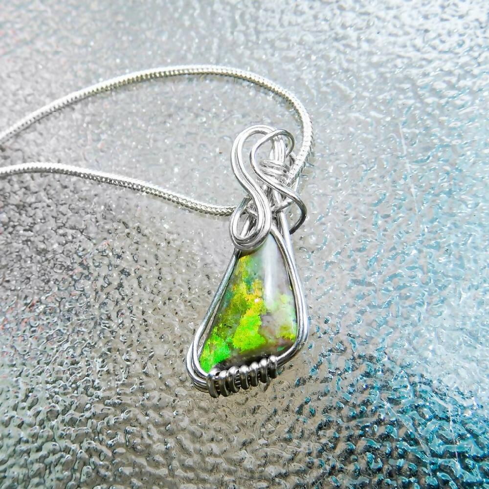 Andamooka Vivid green opal pendant Sterling silver wire wrapped