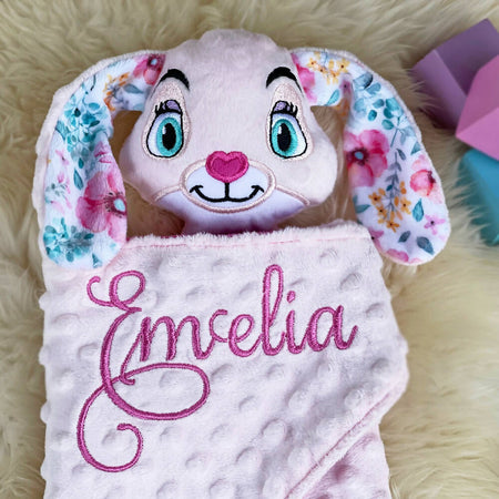 Baby comforter, Embroidered name, Bunny themed Ruggybud, Made to order