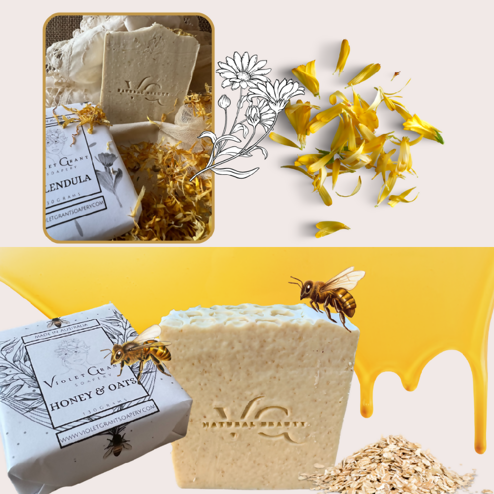 Artisan Soap Gift Sets featuring three soaps and soap saver bag