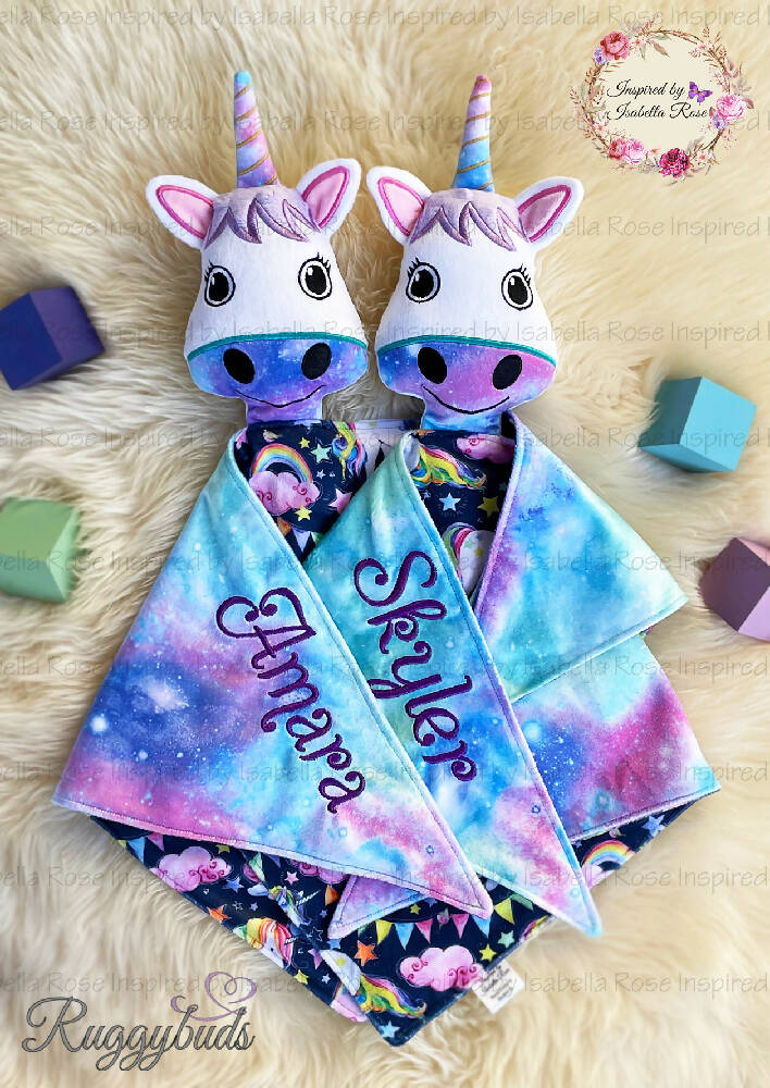 Baby comforter, Embroidered name, Unicorn themed Ruggybud, Made to order