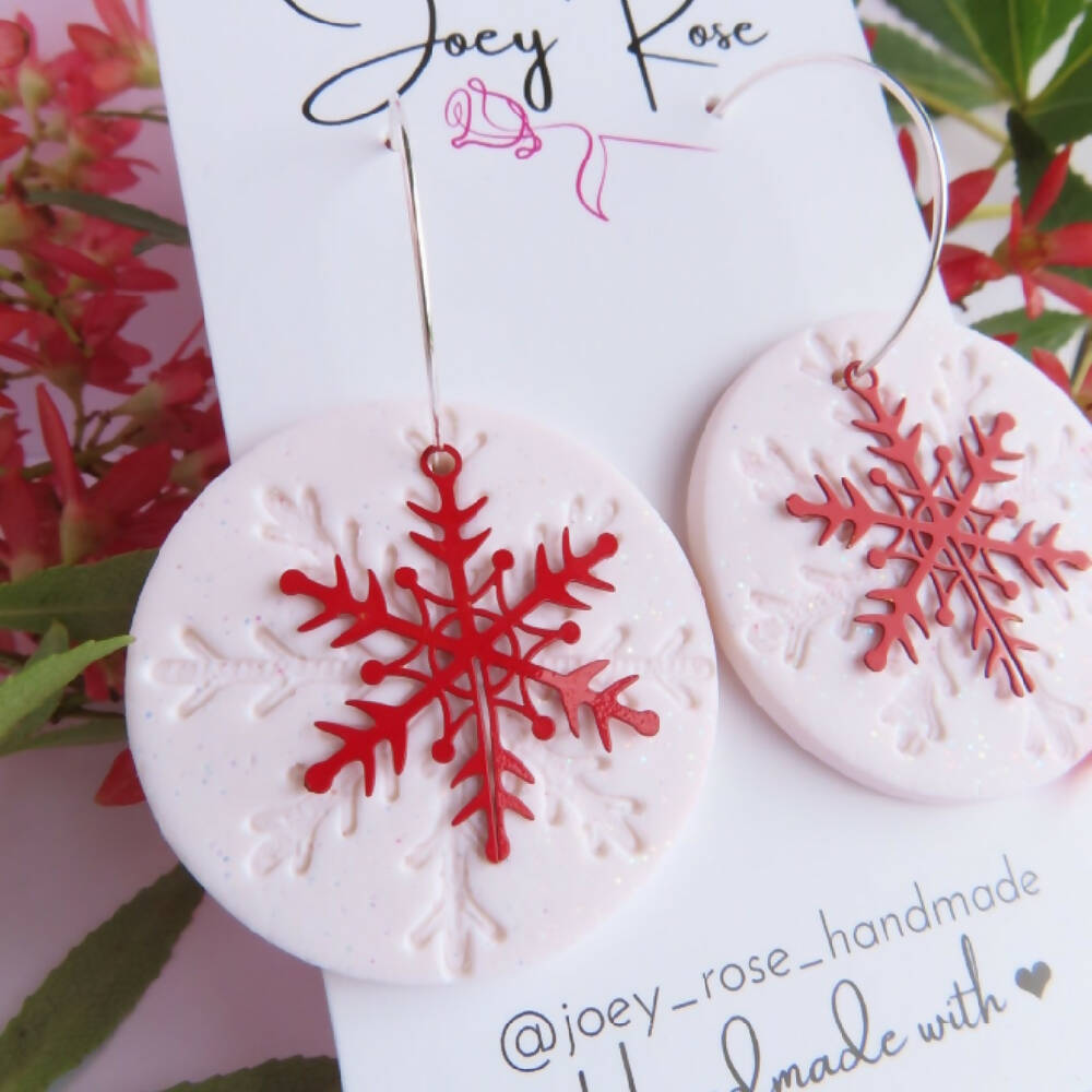 Christmas Snowflake Earrings White Glitter and Red