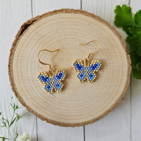 Beaded Earrings Butterfly Blue Gold Dangle