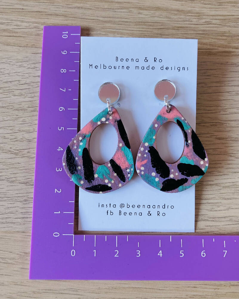 Handpainted lilac teardrop shaped wood earrings