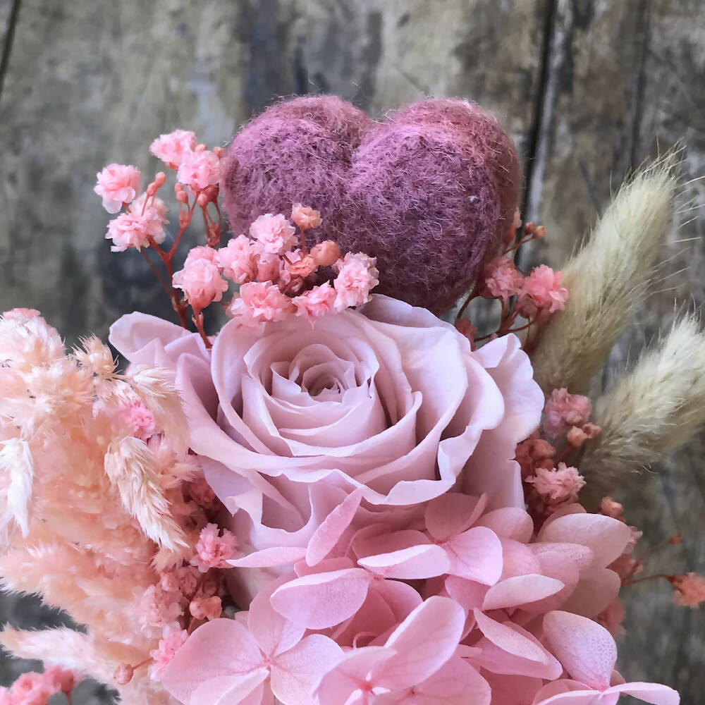 Pink posy with rose and felted heart 27cm