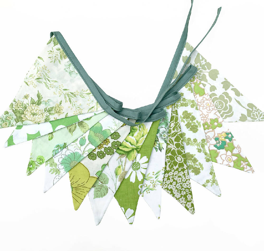 Vintage Bunting - Retro Green Garden Party 'Multi' Floral Flags.