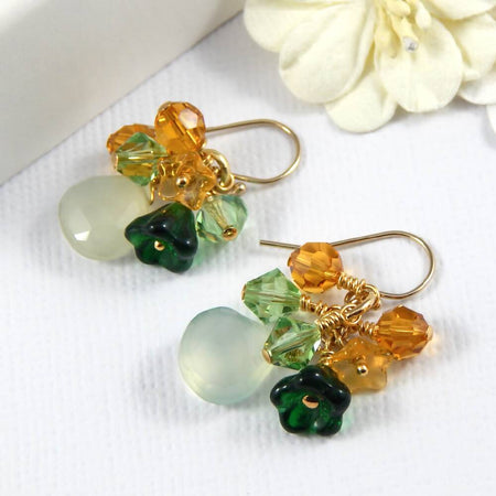 Blue Chalcedony Dangle Earrings,Peridot and Citrine Crystal Accents
