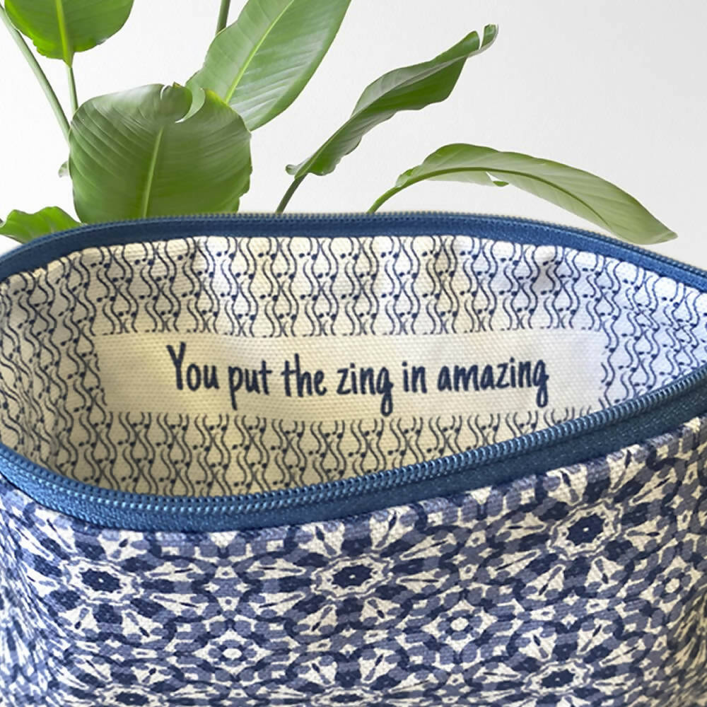 Secret Message Zipper Purse - Hamptons style blue mosaic tile print #33