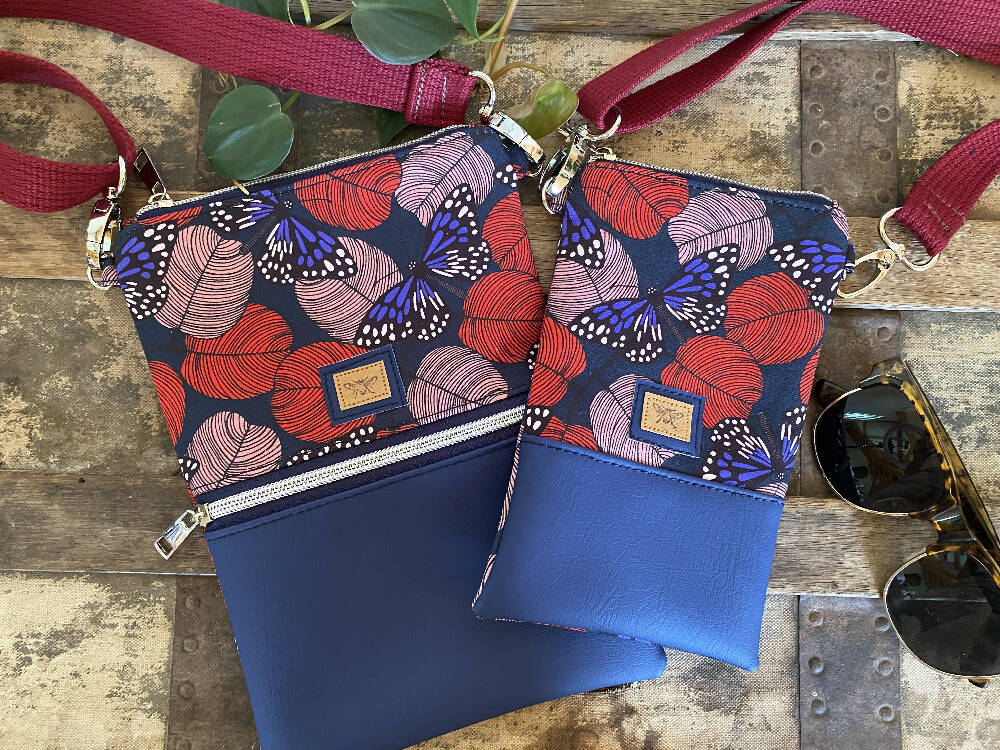 Mini & Small Crossbody Bag - Red Butterflies/Navy Faux Leather