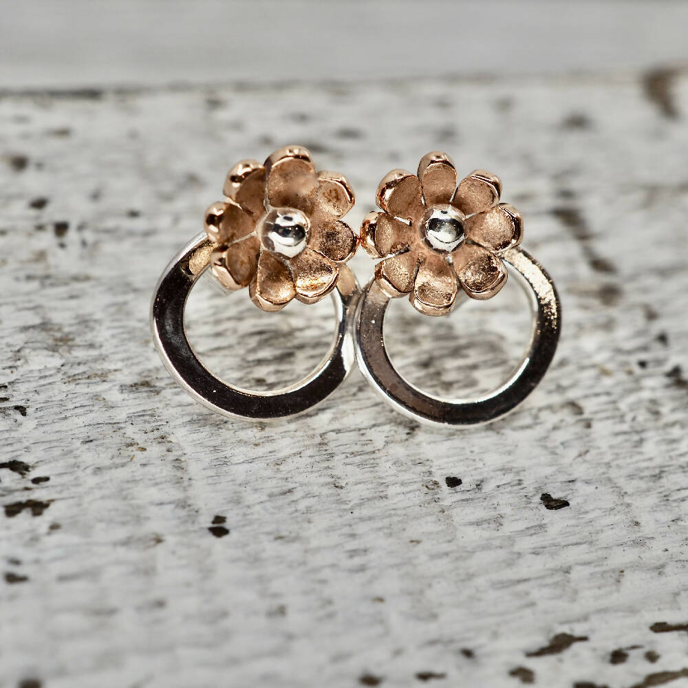 Copper daisy studs | Little copper flower studs | Daisy earrings | Silver and copper floral studs | Handmade Jewellery