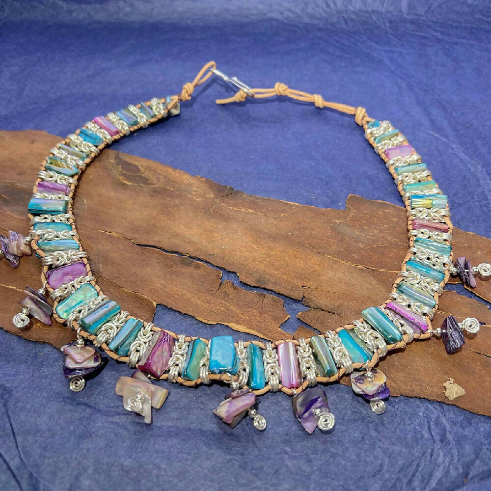 Shell leather byzantine necklace display