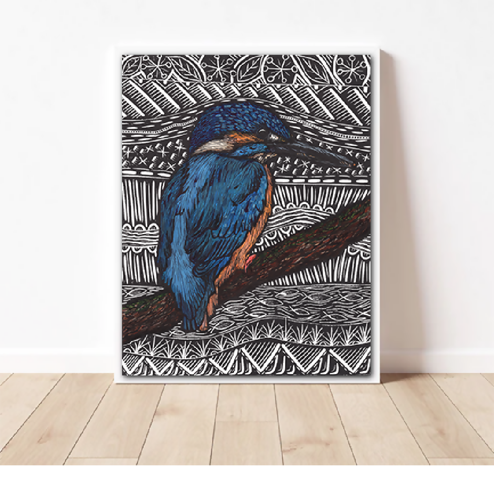 Azure Kingfisher - Linoprint and Watercolour