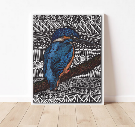 Azure Kingfisher - Linoprint and Watercolour