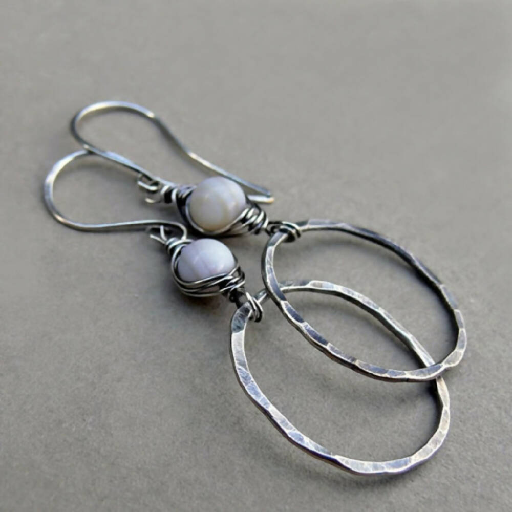 Sterling Silver Herringbone Weave Hoop Mother of Pearl Earrings2