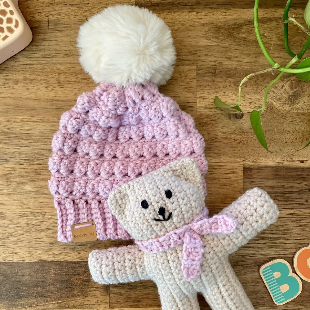 Newborn Baby Beanie with Fluffy Pom Pom - Pink