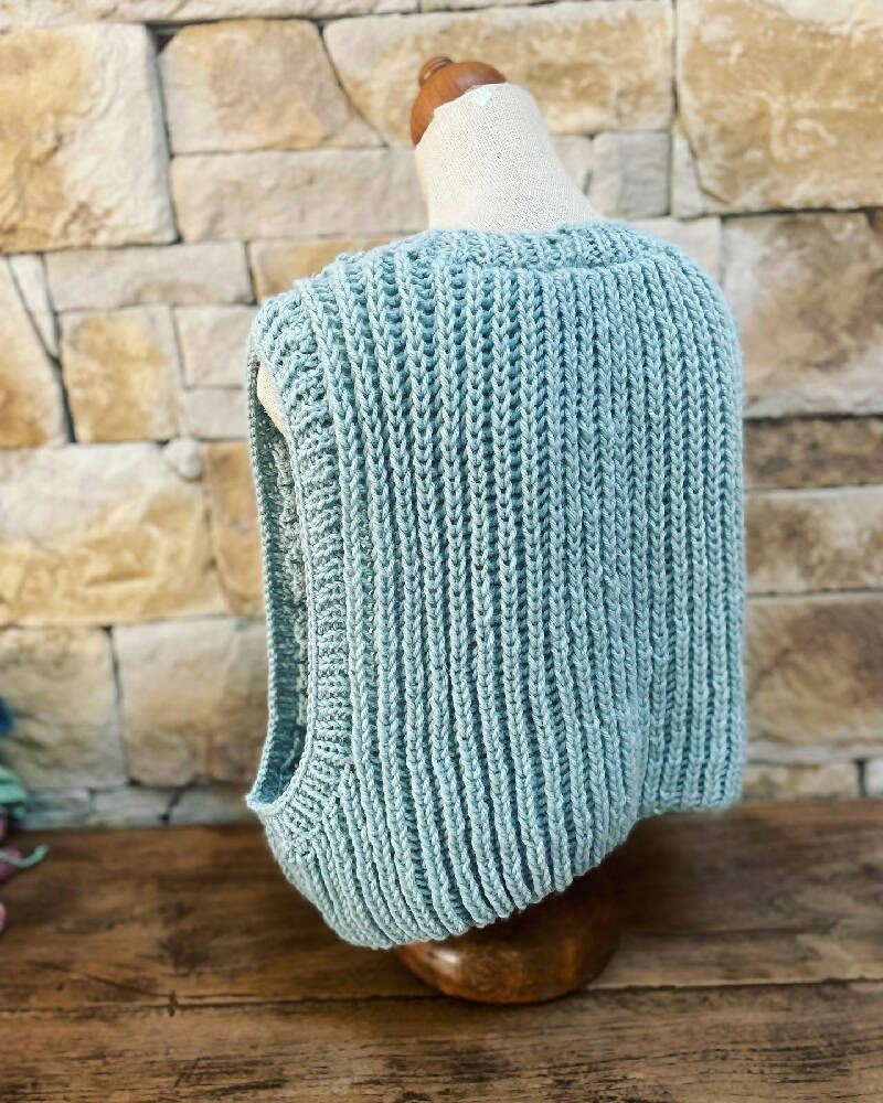 Handknitted Blue Ribbed Sleeveless Vest Pullover