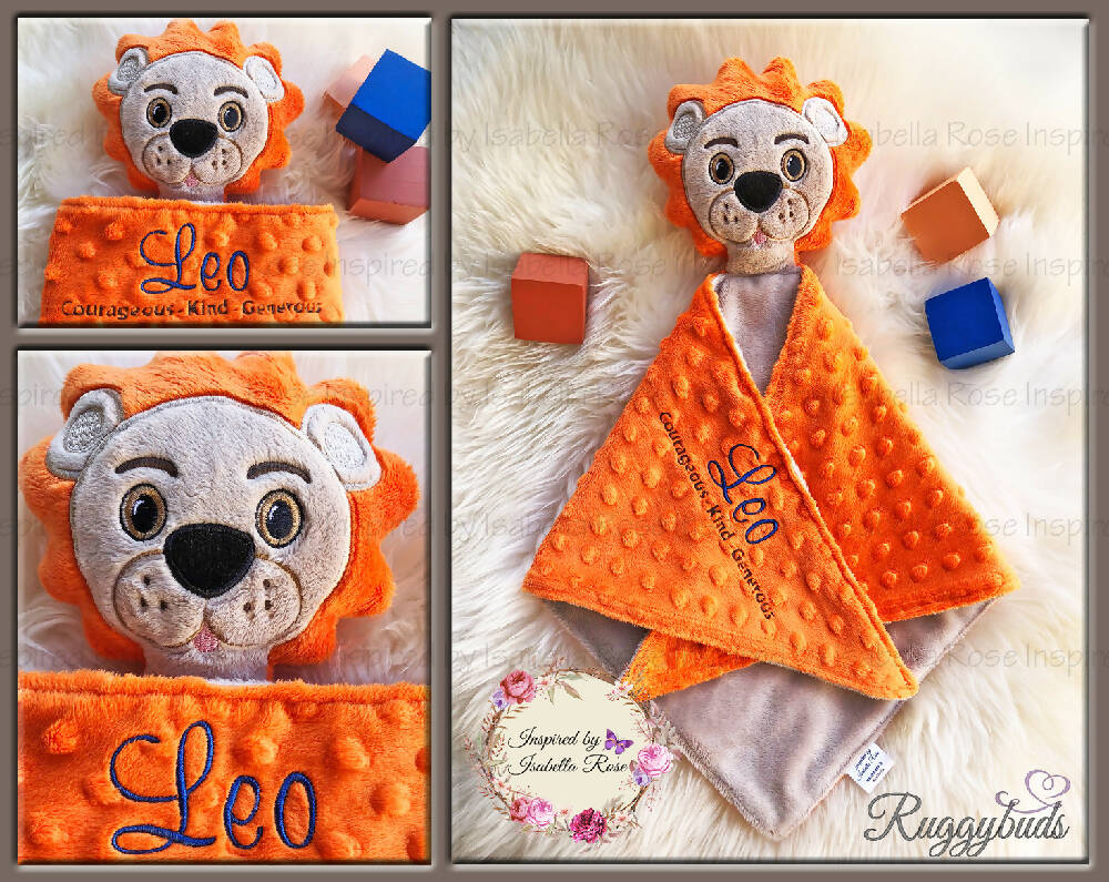 Baby comforter, Embroidered name, Lion themed Ruggybud, Made to order
