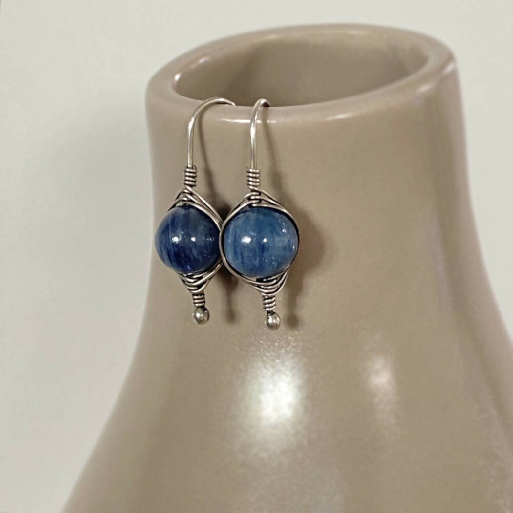 Earrings Sterling Silver Herringbone Wire Wrapped Kyanite L