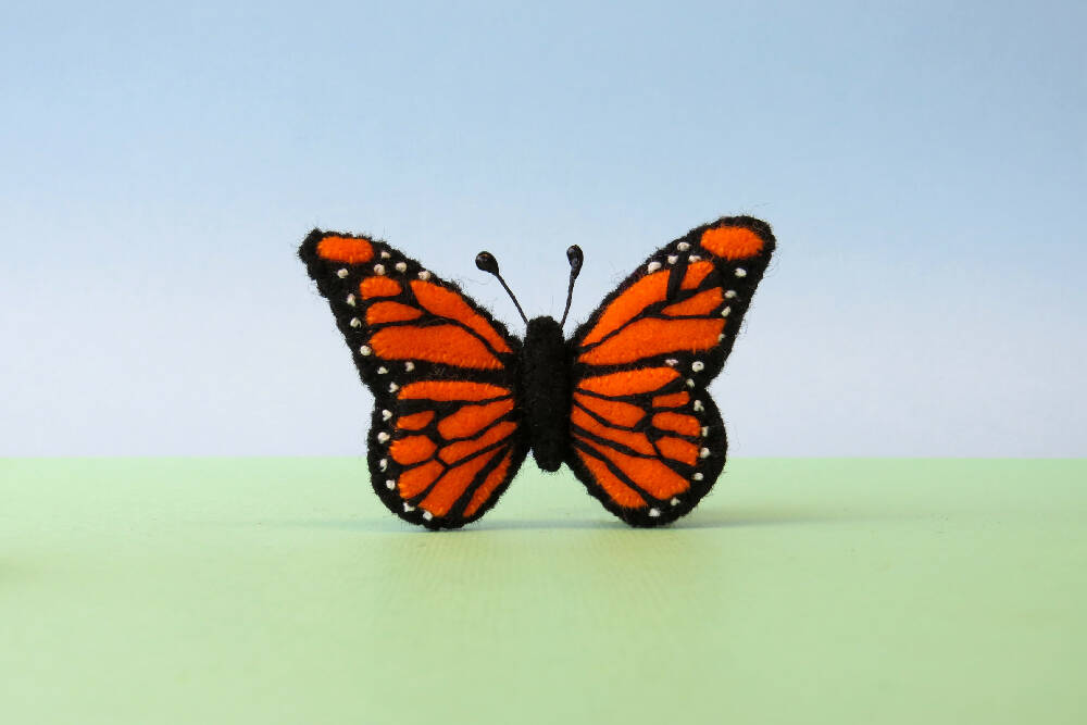 Butterfly Brooch - Wool Felt Embroidered Orange Monarch Pin
