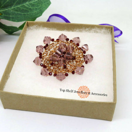 Lilac and Ruby Copper Crochet Wire Beaded Brooch