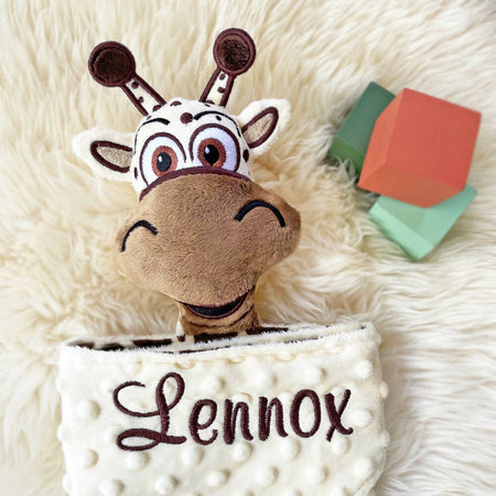Baby comforter, Embroidered name, Giraffe themed Ruggybud, Made to order