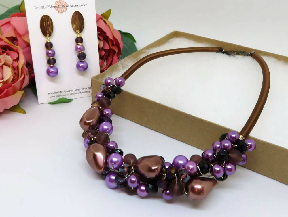 Purple Plumb Wire Wrapped Beaded Necklace Earrings Set
