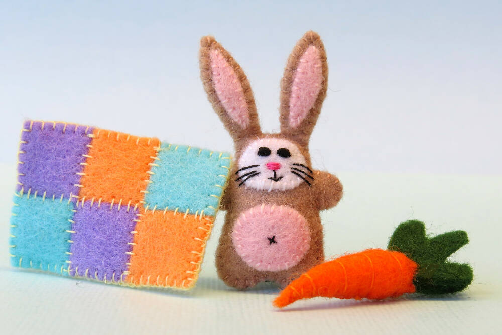 Miniature Felt Rabbit - Wool Felt Bunny Play Set - Tin Bed