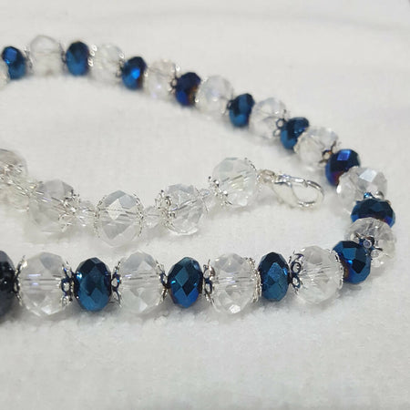 Crystal bead necklace, blue and silver end caps