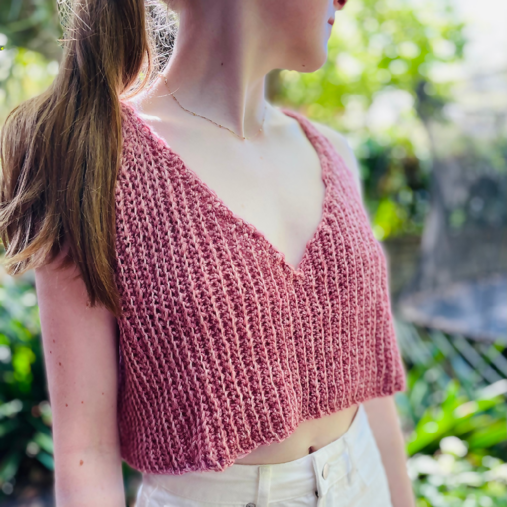 Pink Ribbed Crochet Crop Tank . Raspberry Pink crochet top.