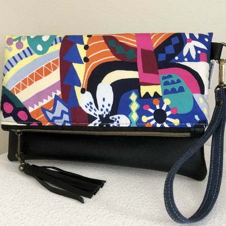 Fold Over Clutch Bag in Lively Print Fabric, Blue Canvas and Leather