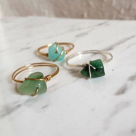 Dainty Natural gemstone wire wrapped ring , Jade Green Aventurine Amazonite