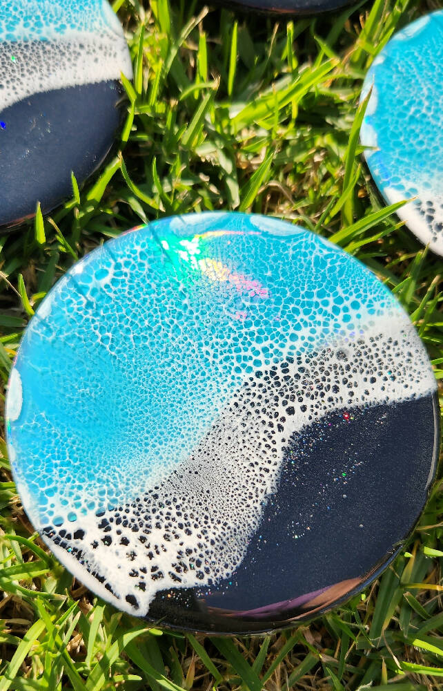 Holographic Black Beach Coasters with Frothy Wave (Set of 4)