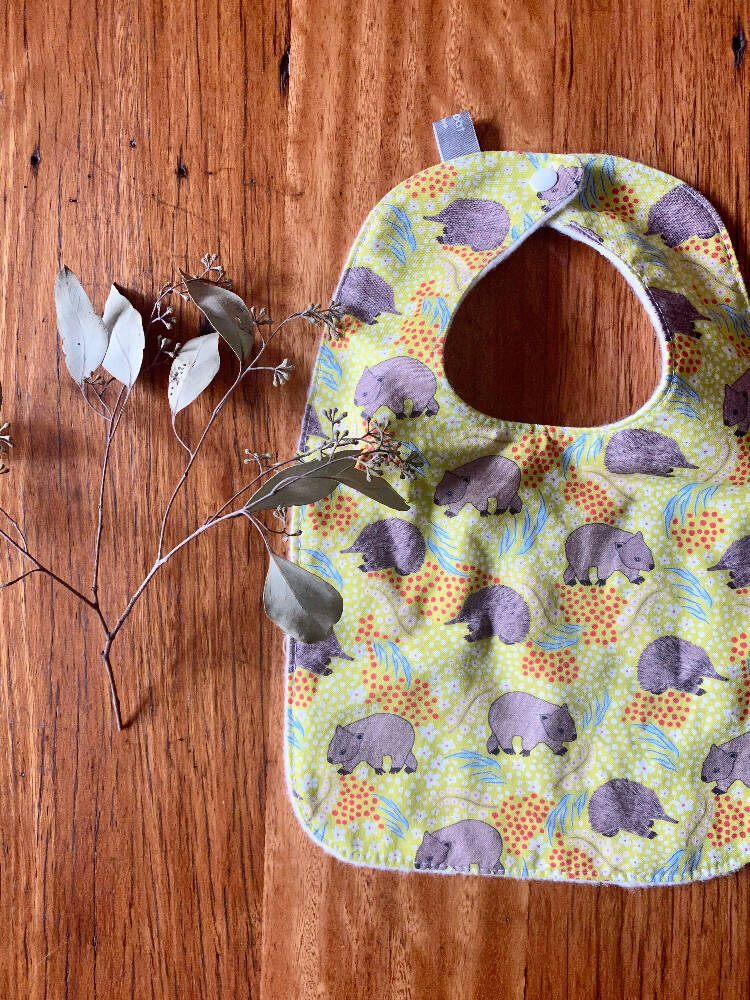 bib - green wombat echidna / organic cotton hemp fleecy / baby toddler