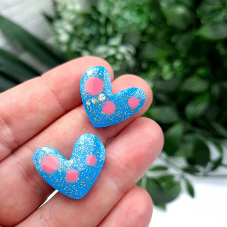 STUD Earrings - Holly Hearts - Blue & Pink Spot - Resin