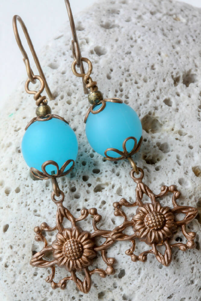 Aqua Sea Glass & Vintaj Brass Filigree Drop Earrings