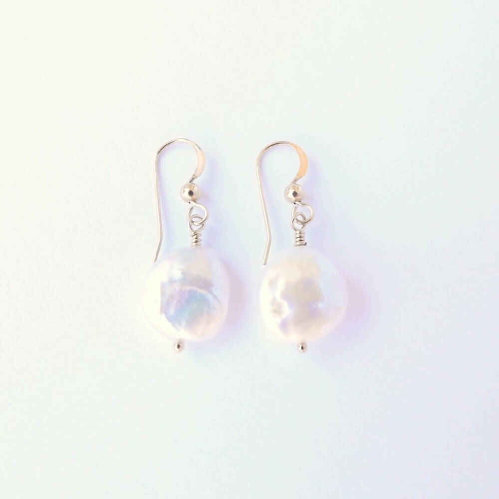 Drop Earrings Coin Button Pearl and Gold