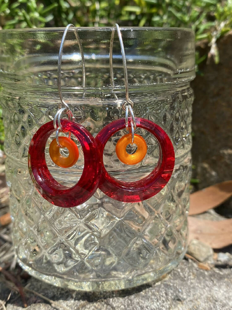 Lucite Red Hoop Earrings Sterling Silver