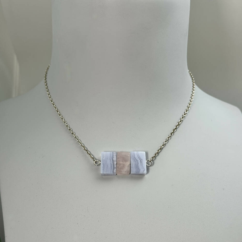 Blue Lace Agate & Rose Quartz Necklace with Sterling Silver chain
