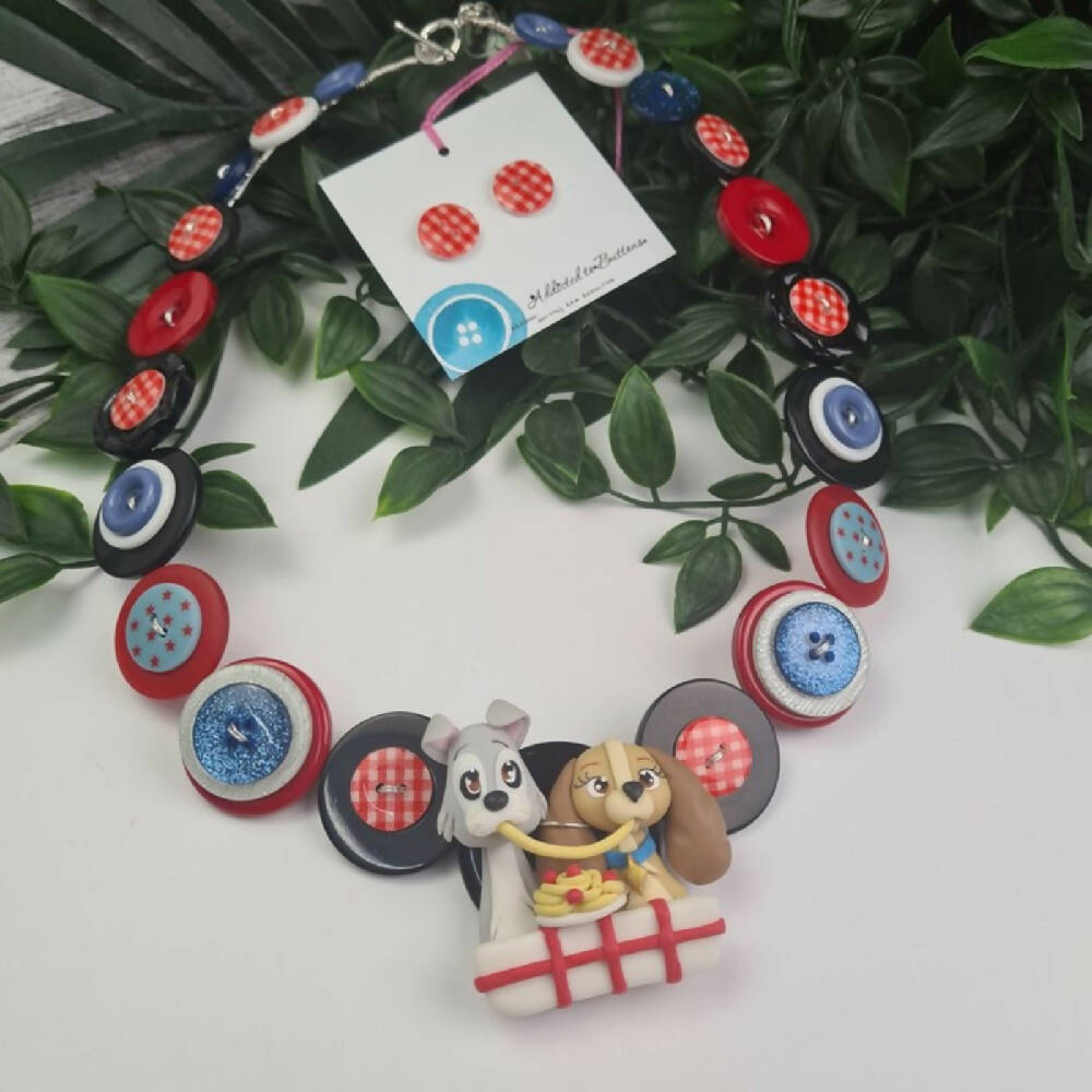 Button Necklace Spaghetti Eating Dogs Button Jewellery Polymer Clay