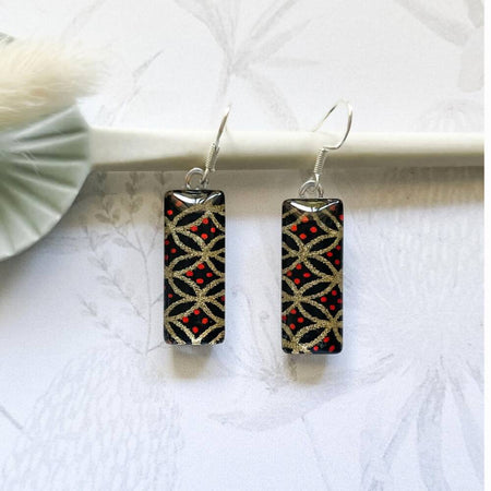 Gold, Black and Red Patterned Earrings • Japanese Paper, Resin and Glass