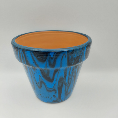 Blue and Black Acrylic Poured Painted Small Terracotta Pot