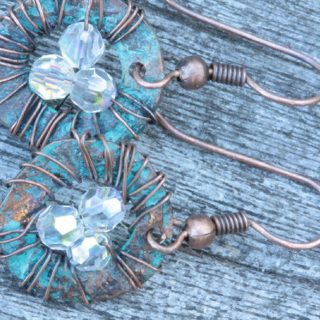 Hammered Wired Copper Hoops with Swarovski Crystal Earrings