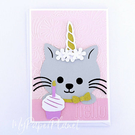 Caticorn greeting card. Cat cupcake birthday card, blank.