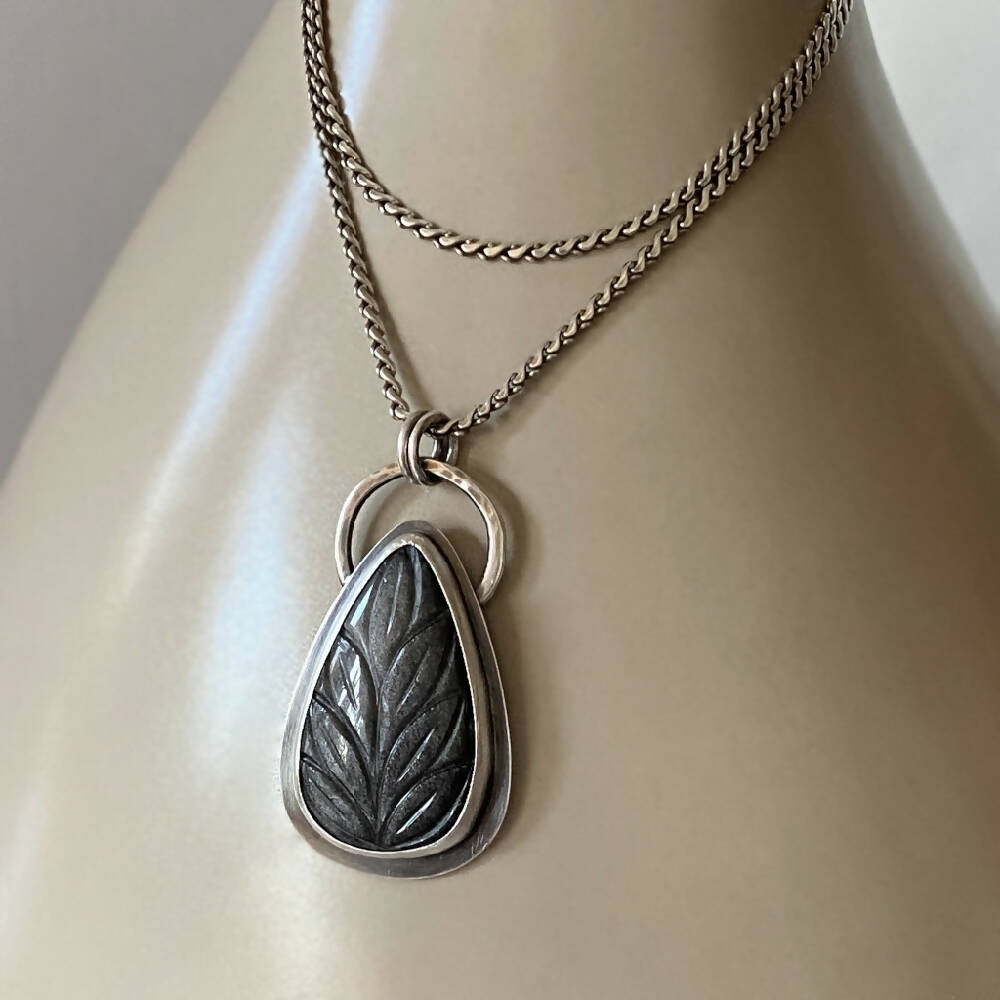 Pendant Sterling Silver Bezel Obsidian Teardrop Carved L